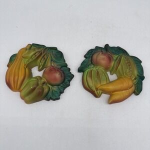 Vintage Set of 2 Miller Studio Chalkware Fruit Harvest Wall Hanging Plaques 5"x5